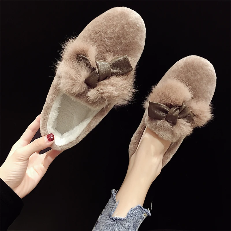

EOEODOIT Women Fur Shoes Round Toe Slip On Loafers Autumn Winter Warm Flat Heel Casual Home Outside Shoes