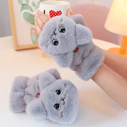 Winter Warm Soft Rabbit Fur Knit Mittens Women Flip Half finger Driving Gloves Plush Thick Cute Cat Touch screen Gloves