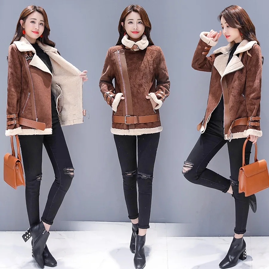 

Short Coat Women's 2018 Fur Winter New Style Lace-up Suede Lambs Wool Motorcycle Jacket Cotton Coat Women's Fashion