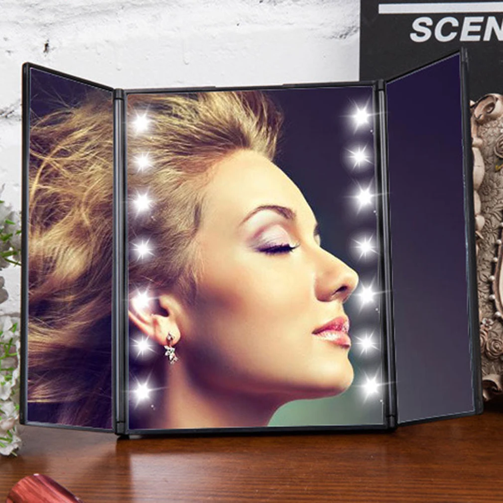 Portable Three Folding Table LED Lamp Luminous Makeup Mirror Cosmetic Adjustable Tabletop Countertop 16 LED lights 4
