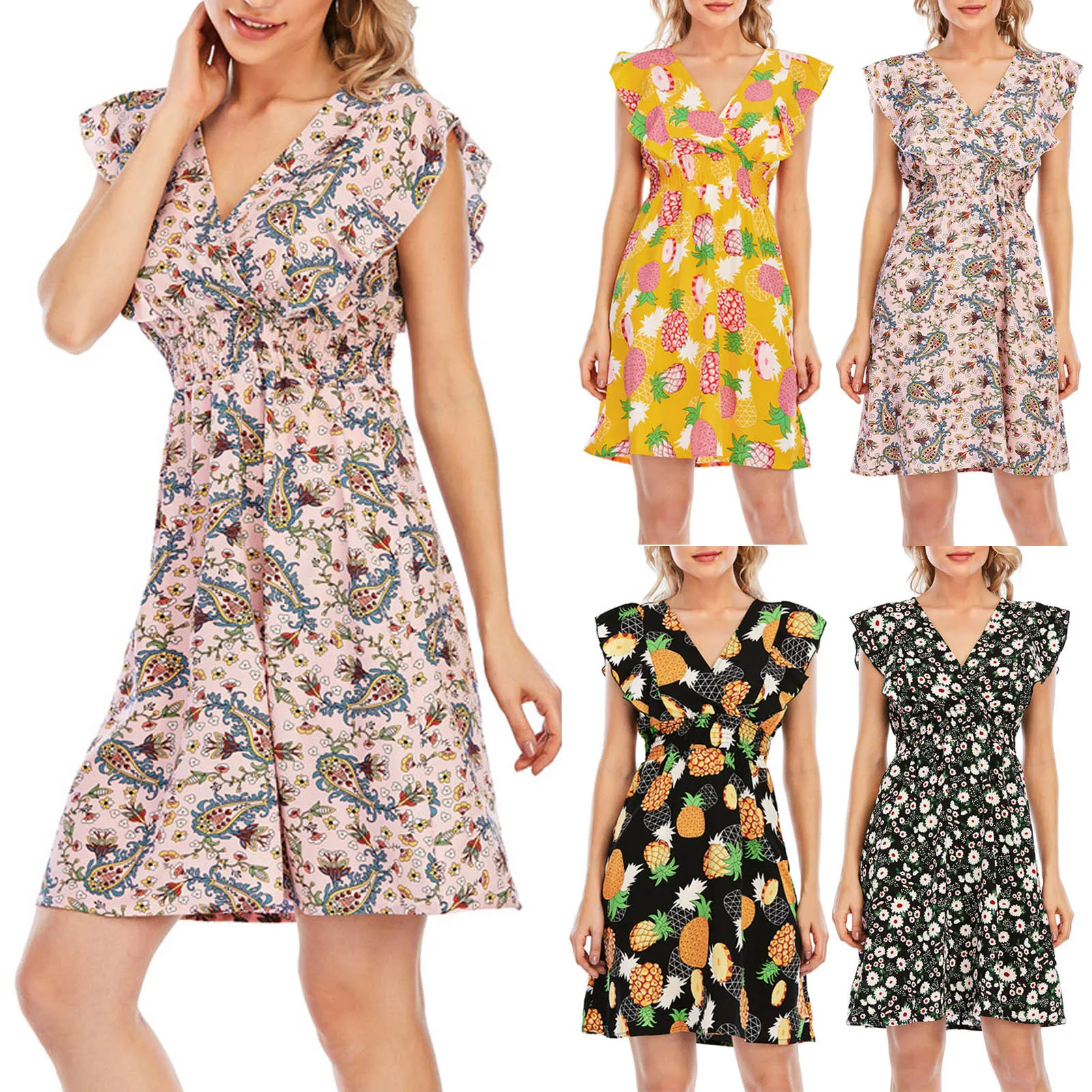 Fashion Women's Chiffon Mini Dress Ruffles Sleeveless V-Neck Print Dress Beach Dress Sweet Elegant Dresses Refreshing Vestidos 1