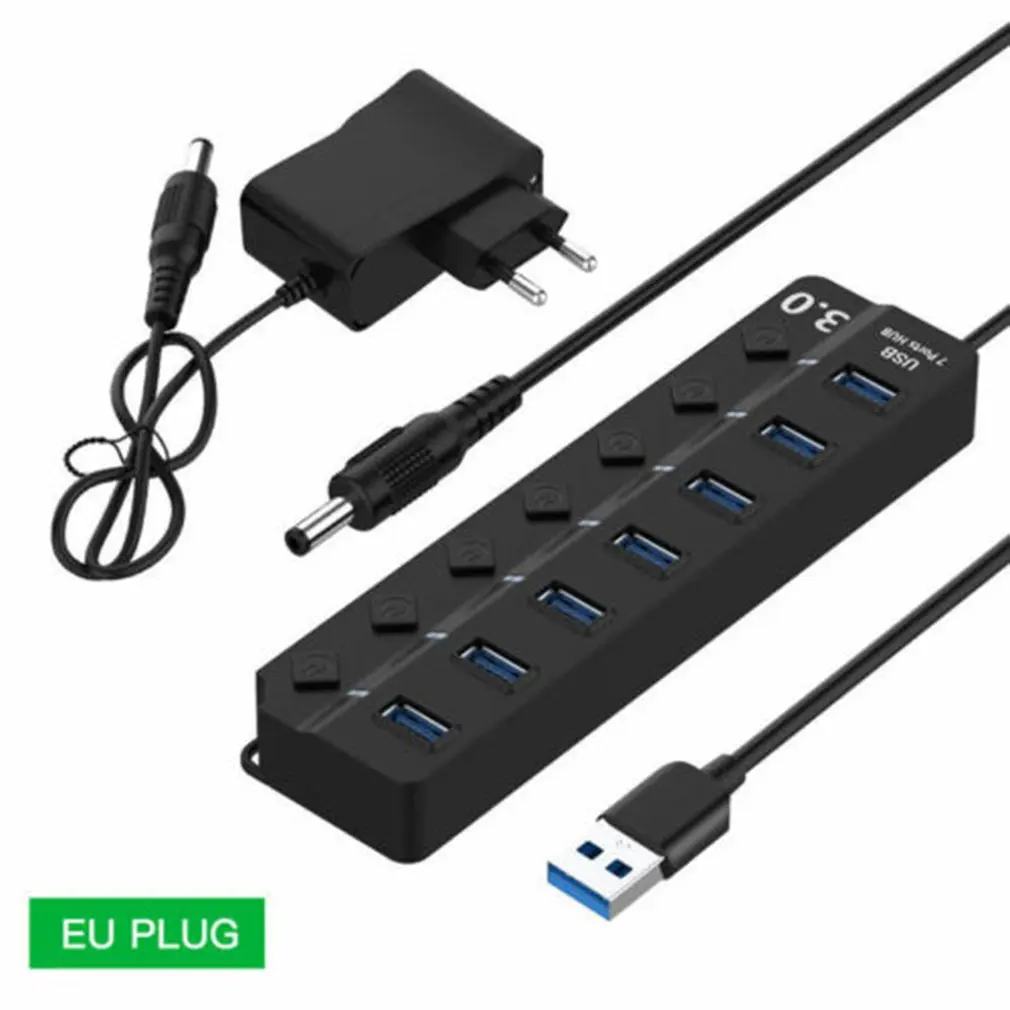 7 Порты и разъёмы Usb 3,0 концентратор 5 Гбит/с, высокая Скорость Вкл/Выкл кнопка Ac Мощность адаптер для ПК Прочный Мульти Порты переключатели штепсельная вилка европейского стандарта