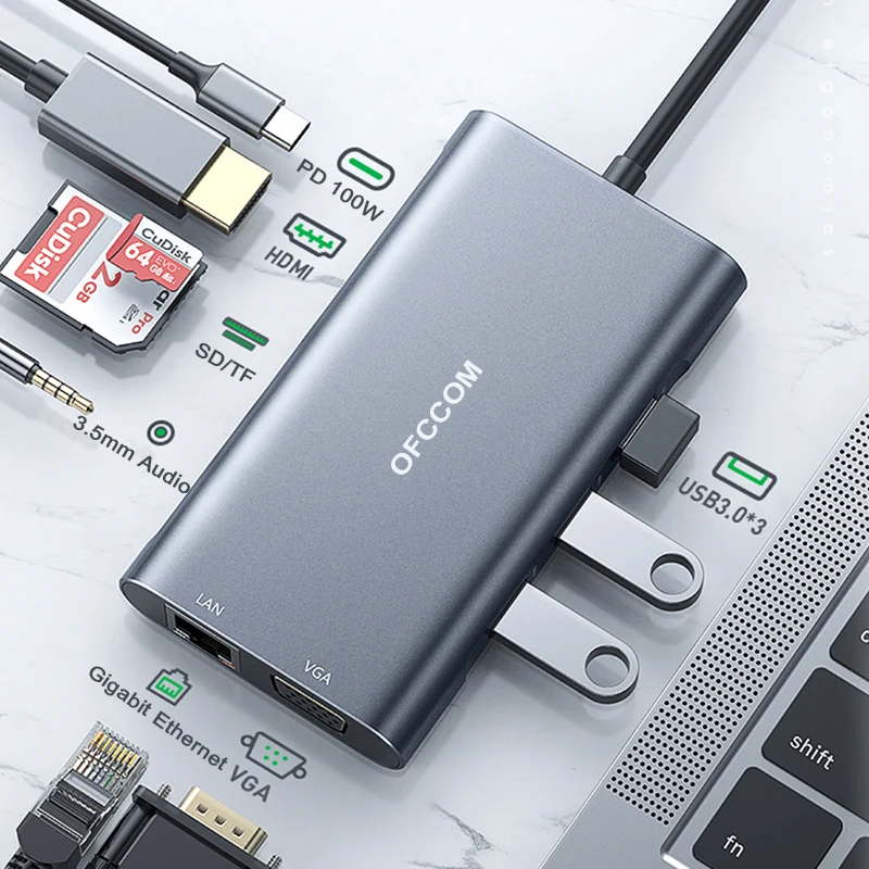 USB-концентратор OFCCOM с разъемами типа C 3 1 на 4k HDMI PD 100 Вт RJ45 Lan Ethernet USB адаптер