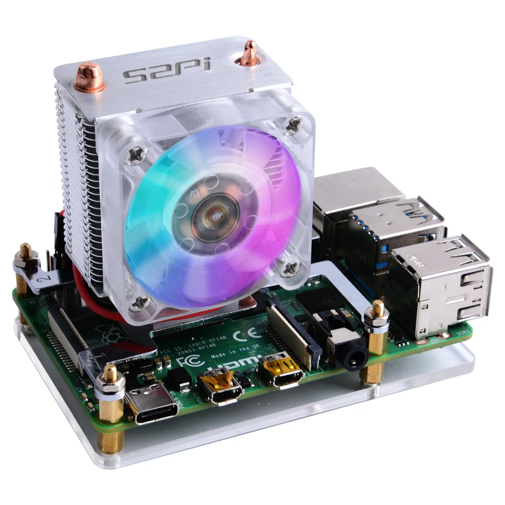 Raspberry Pi 4B / 3B / 3B+ Heat Sinks 52Pi ICE-Tower Cooling Fan 40x40x10 V2.0 Black Super Heat Dissipation 7 Colours Light