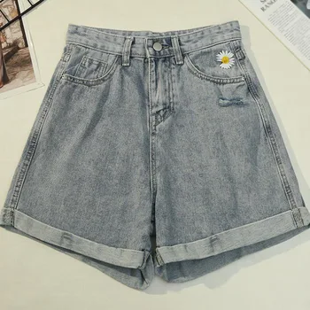 

High Waist Wide Leg Denim Shorts For Women Harajuku Korean Streetwear Vintage Daisy Print Summer Ladies Loose Short Shorts Jeans