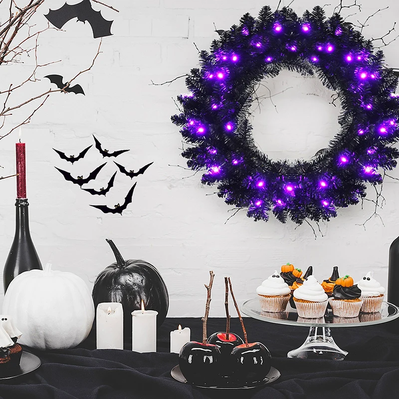 

24 Inch Pre-lit All Black Halloween Wreath Waterproof 35 Purple LED Lights PVC 179 Lifelike Branch Tips Christmas Pendant