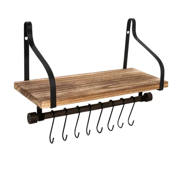 

43 * 18cm Floating Shelf Antique Wooden Wall Hanging Shelf Could Removable Bookshelves With 8 Movable Hooks For Bathroom Kitche*