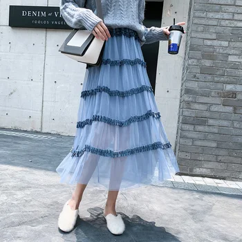 

2020 New Autumn Mesh Skirts Women Elastic High Waist A-Line Skirts Ladies Streetwear Elegant Plus Size Tulle Skirt jupe femme