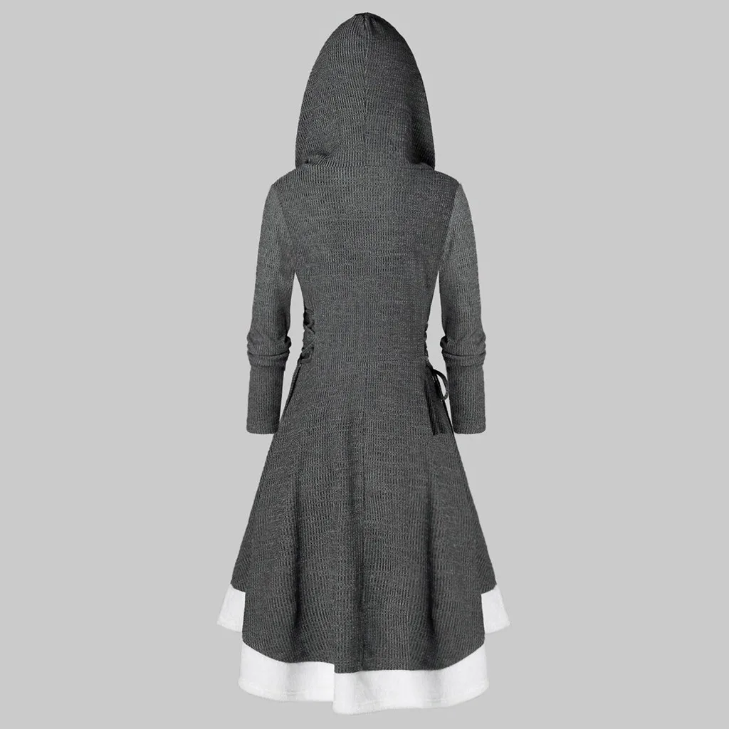 Robe hiver femme, женское платье с длинным рукавом, винтажное, однотонное, размера плюс, с капюшоном, на шнуровке сбоку, зимнее платье, vestidos ropa mujer sukienki