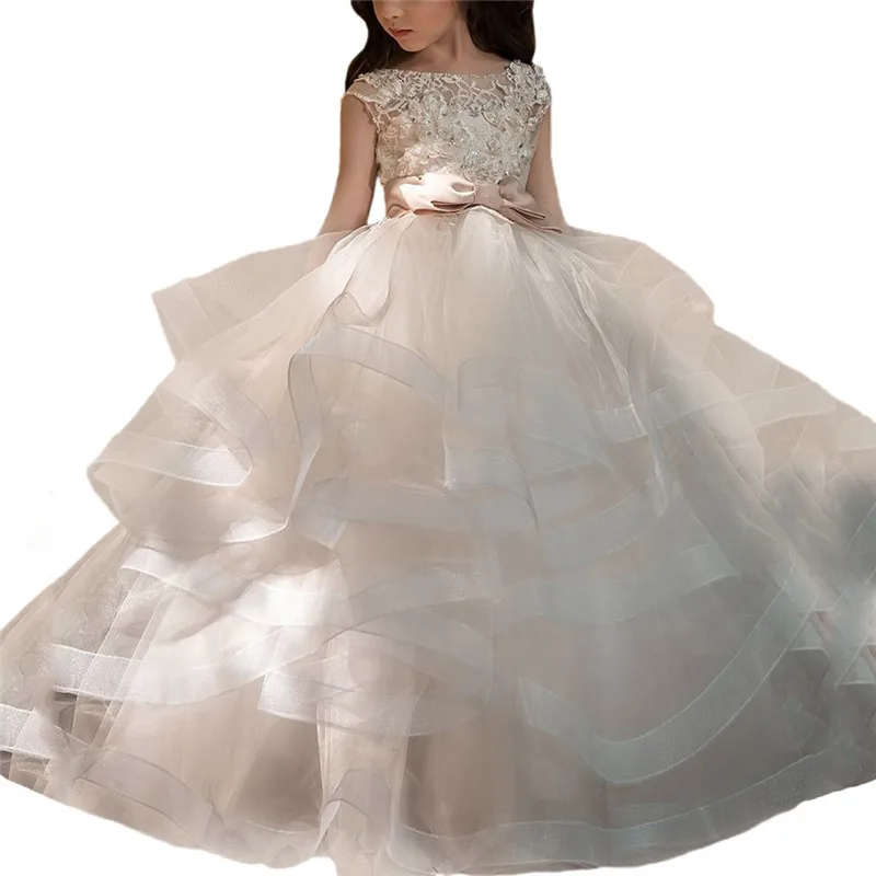 

New Flower Girl Dresses Blush Pink First Communion Gowns For Girls Ball Gown Cloud Beaded Pageant Gowns Vestido De Daminha