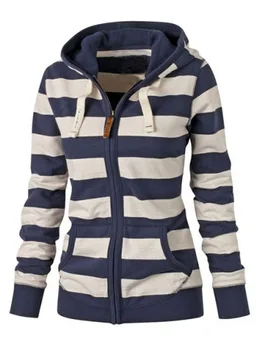 

Women Autumn stripe Zipper Cardigan Hoodies Female Winter Cotton Long Sleeve Pocket Casual Slim Hooded Sweatshirt Tops Homewear