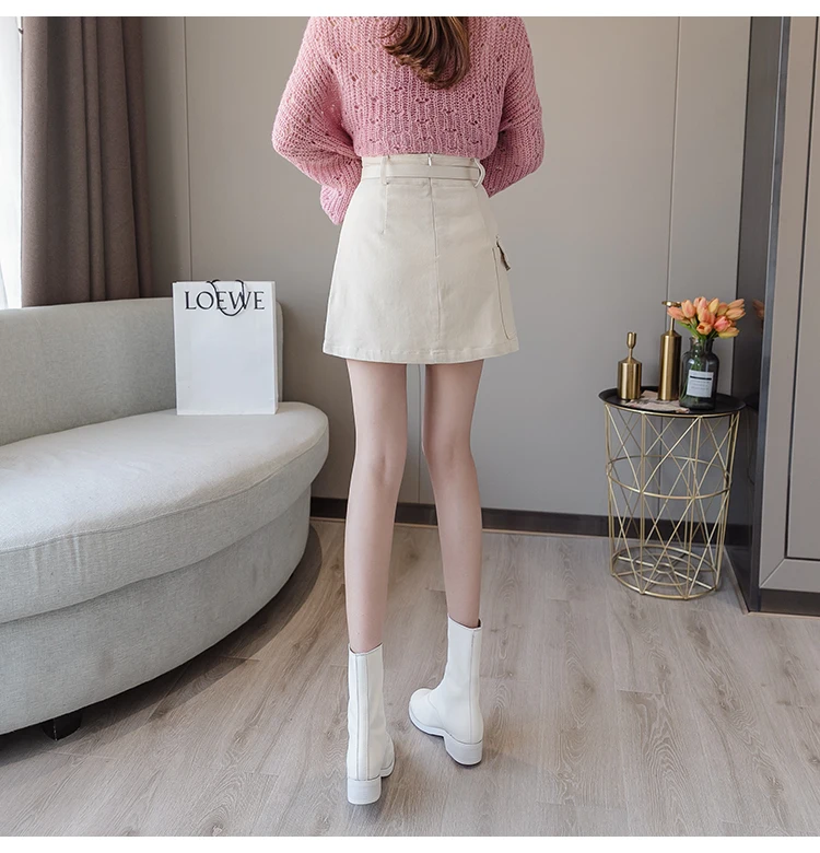 Trytree Autumn Women Casual Empire Short Skirt 5 Colour A-line Fashion Elegant Pockets Button Belt Mini Office Lady Short Skirt