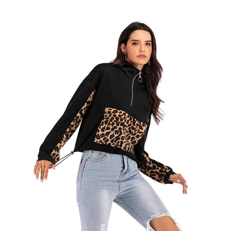 

Cropped Sweatshirts Women Leopard Patchwork O-Neck Turtleneck Zipper Blouse Tops Female Casual Sweatshirt Sudadera Mujer C522