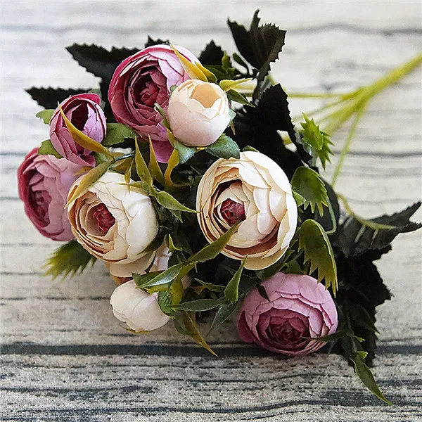 9 головок/Букет мини Поддельные чайные розовые цветы пиона для дома свадебный Декор искусственные розы Penoy бутон для декора комнаты 4 - Цвет: G
