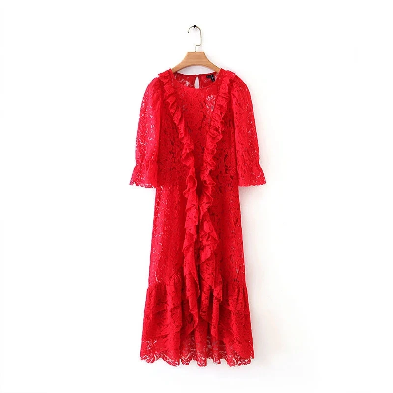 

Cascading Ruffle Women Lace Midi Dress 2020 Spring Leisure Lady Puff Sleeve Irregular hem Dresses D3920