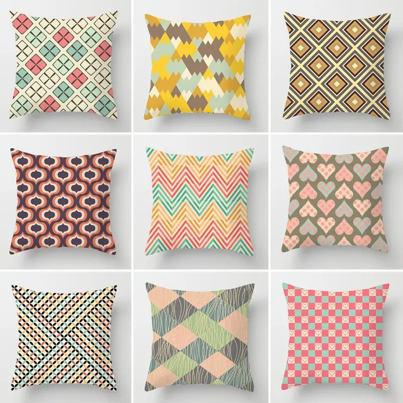 Geometric Cushion Cover Colorful Polyester Throw Pillow Case Wave Heart Dotted Grid Rhombus Geometric Cushion Cover Home Decor