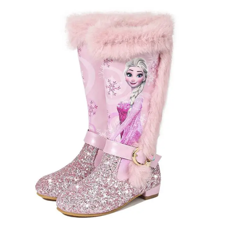 Детские высокие сапоги принцессы Эльзы новые зимние сапоги для девочек брендовые Детские Сапоги выше колена для девочек, зимняя обувь розовый, синий