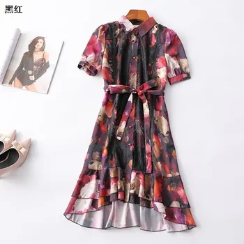 

New women s summer 115003 lapel single breasted long dress with short sleeves