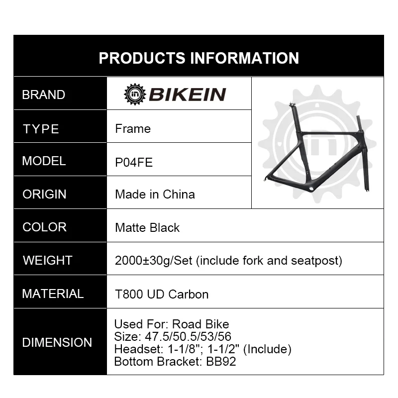 BIKEIN T800 UD углеродистая рама для дорожного велосипеда+ вилка матовый черный BB92 велосипедный шоссейный велосипед Запчасти 47,5/50,5/53/56 см Сверхлегкий 1200 г