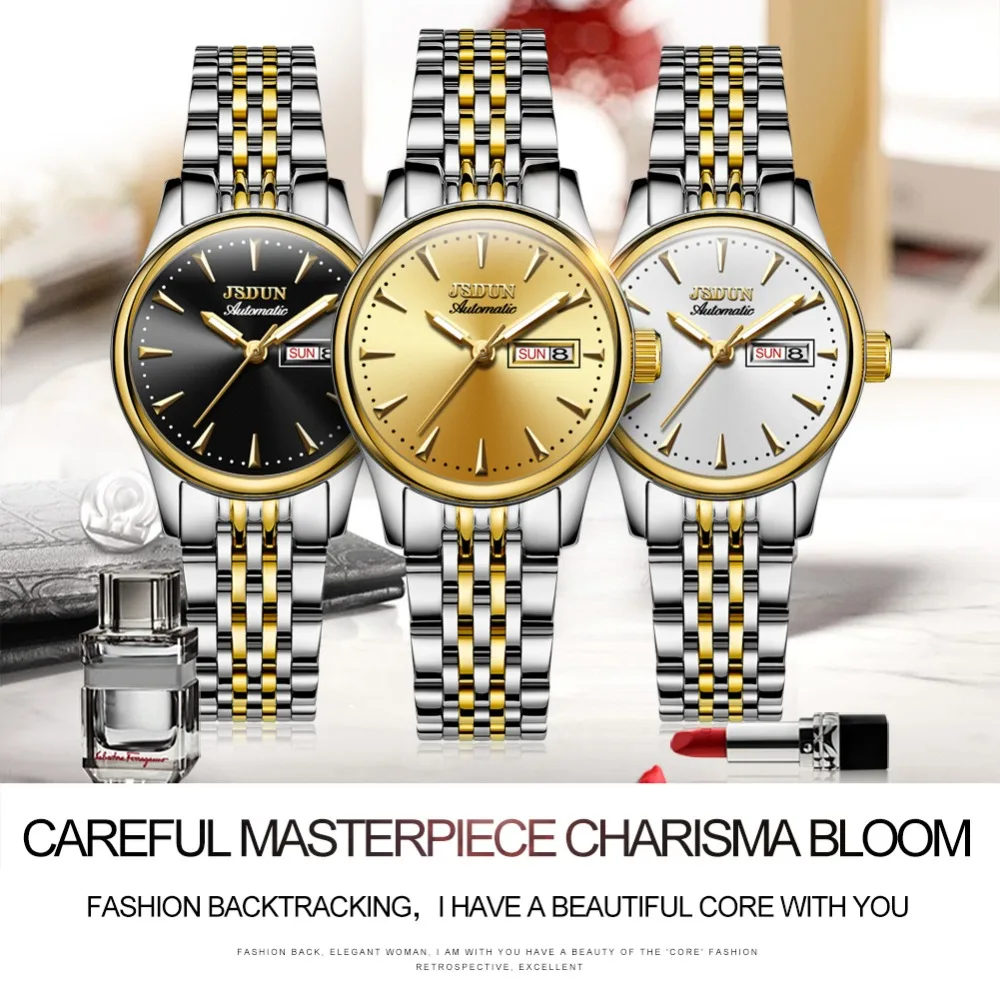 

Женские Механические часы JSDUN, Роскошные водонепроницаемые часы из 18-каратного золота, лучший подарок, женские автоматические часы с сапфировым стеклом