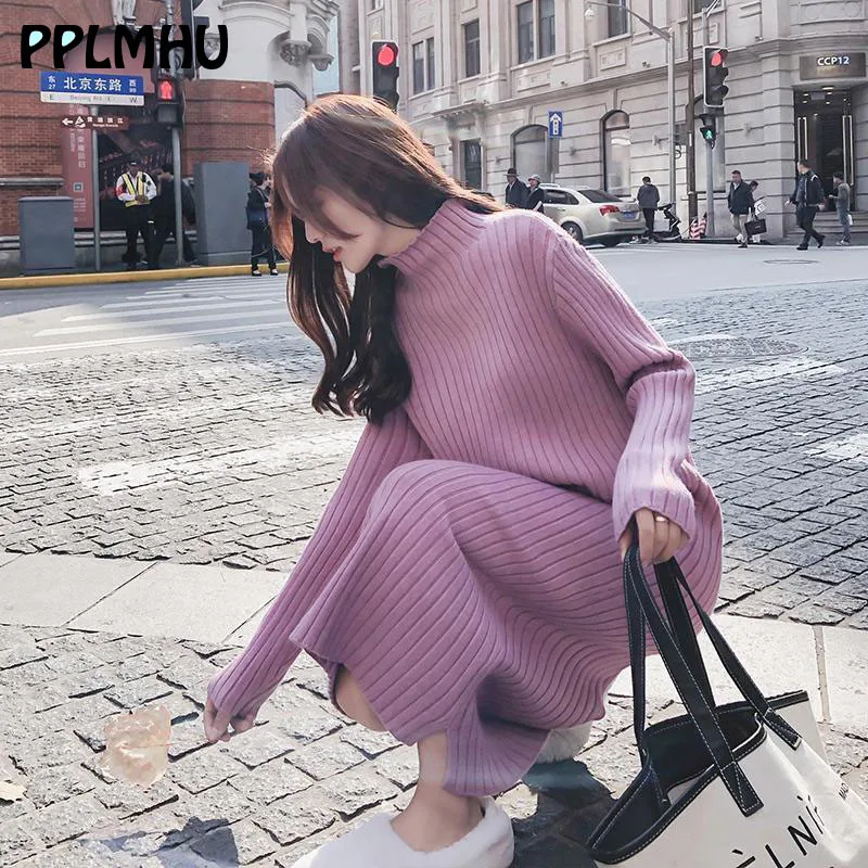 Basic Turtleneck Straight Knitted Dress Women 2019 Casual Fashion Elasticity Maxi Split Party Dress Winter Warm Sweater Vestito