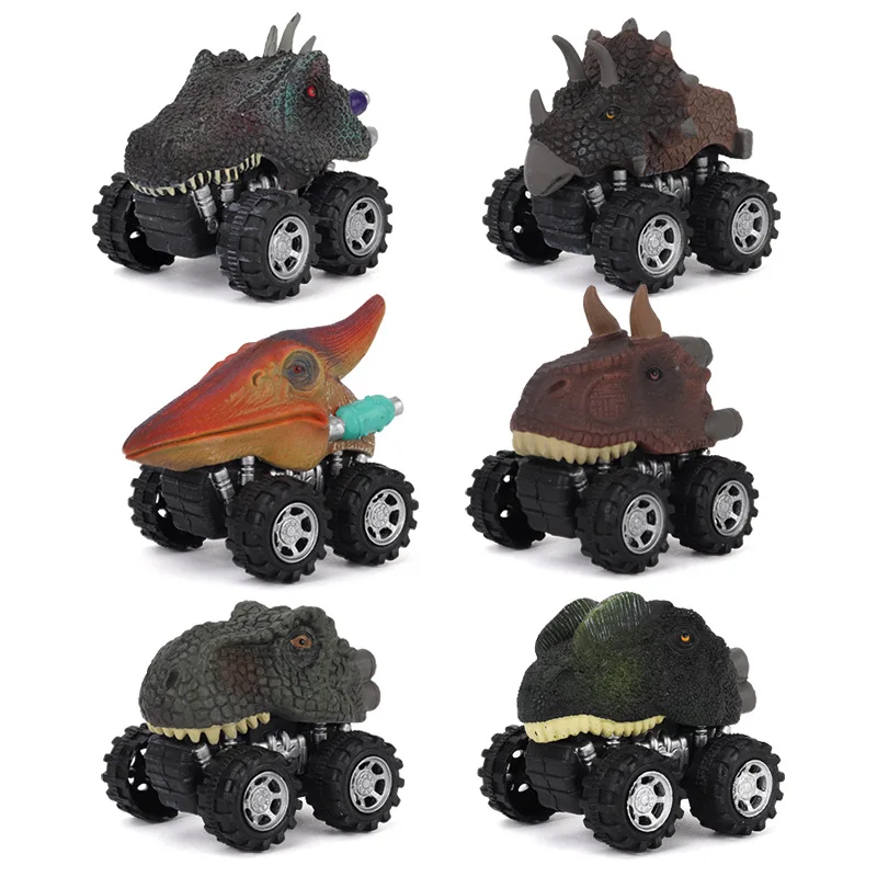 6pcs Set Toy Vehicle Dinosaur Model Mini Toy Car Inertial Back Small Truck For Kids Christmas Gift Set with Color Original Box