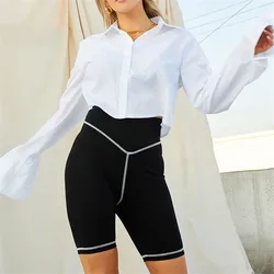 Cintura alta verão contraste linha esportes casual calções femininos 2021 moda high street sólido de cinco pontos preto curto