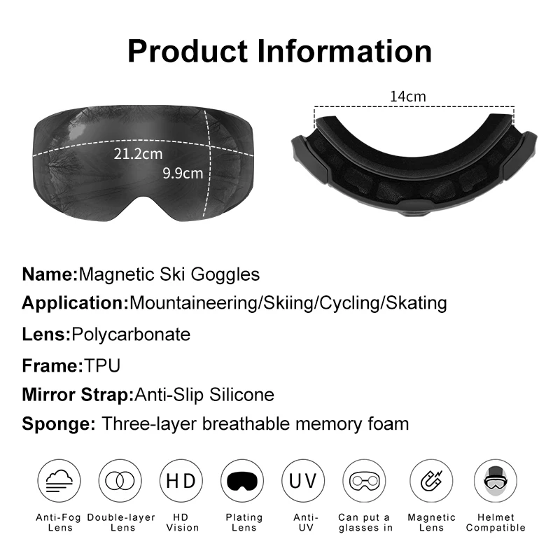 PHMAX Winter Ski Goggles Magnetic Double Layer Anti-Fog Ski Glasses Anti-Glare Snowboard Glasses Anti-UV Protective Ski Mask