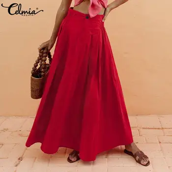 

Celmia Women Maxi Skirts 2020 Summer High Elastic Waist Vintage Long Skirts Casual Loose Solid Pleated Fashion Plus Size Skirts