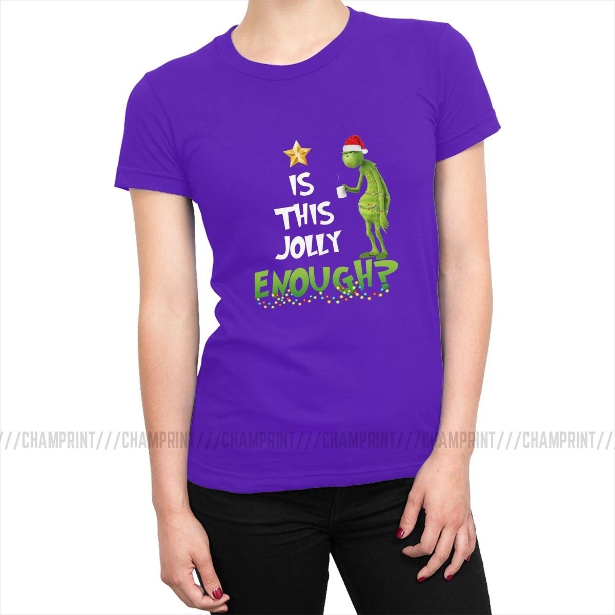 Grinch Is This Jolly достаточно Рождественская женская футболка, футболка, Топы, милая хлопковая футболка для женщин, готическая одежда, графический Рисунок - Цвет: Фиолетовый