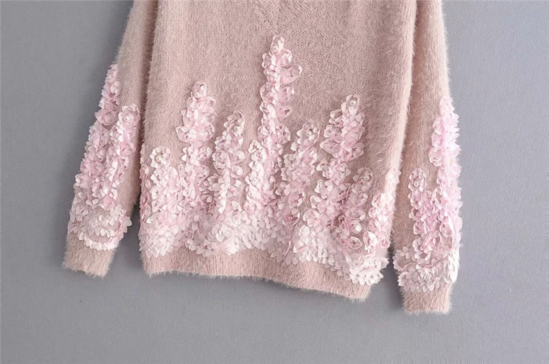 LUNDUNSHIJIA Осенняя мода подол трехмерные цветы лепестки свитер с бисером женщины v-образным вырезом Кашемир под норку свитера