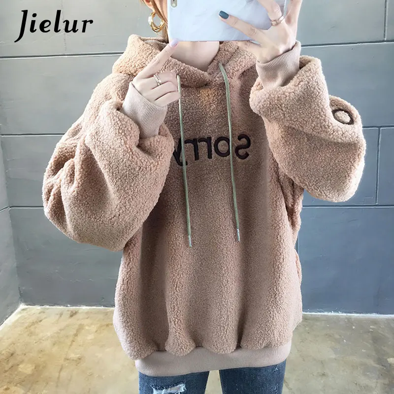 Хаки Jielur, толстая овечья шерсть, Женская толстовка, зимняя с капюшоном, теплые толстовки, корейские свободные пуловеры цвета хаки с вышитыми буквами, женские S-XL - Цвет: Хаки