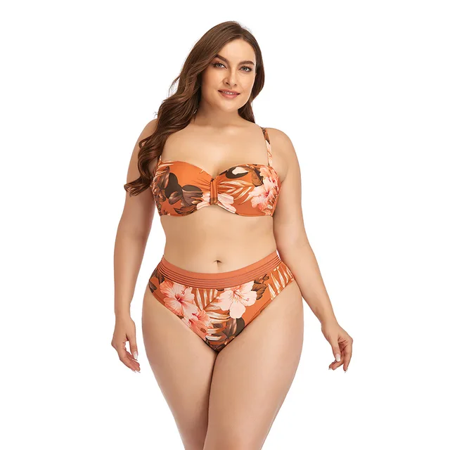 2025 New Plus Size Swimsuit Strap Retro Bikini Floral Print Split High Waist Swimsuit Bathing Suits 2 Pieces Bikini 2