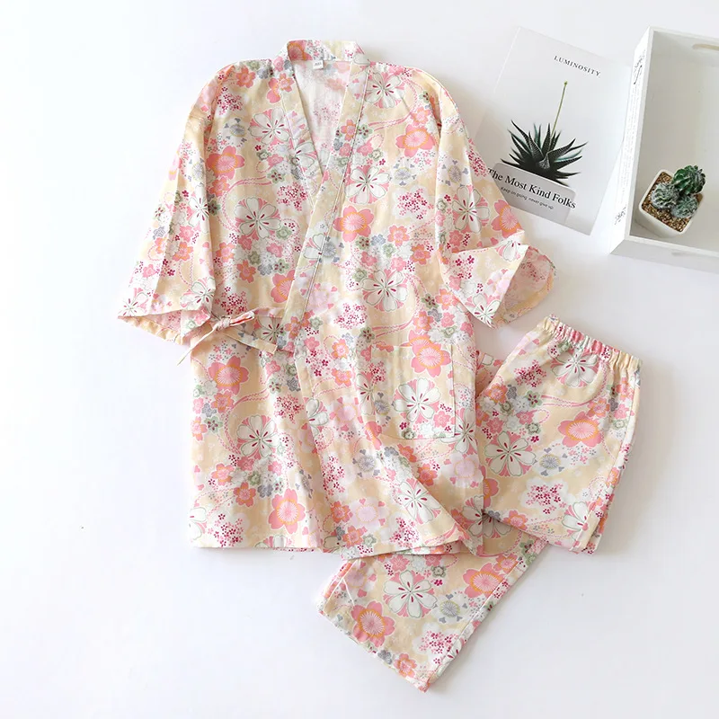 

Women's Spring Autumn 100% Cotton Three-Quarter Sleeve Kimono Pajamas Japanese Ladies Two-Piece Suit Cute Fresh Home Clothes