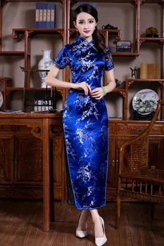 

Asian Traditional Chinese Female Qipao Long Satin Cheongsam Flower Sexy Qipao Dresses Vestidos Evening Party Gowns Ancient