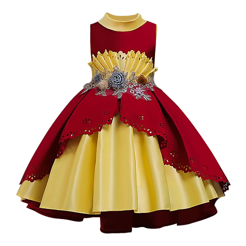 Платье с цветочным узором для девочек; платье-пачка для девочек; одежда для детей; элегантные кружевные платья с аппликацией для девочек; вечерние платья принцессы - Цвет: wine red