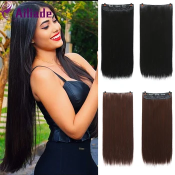 

AILIADE 100cm 5 Clip In Hair Extensions Synthetic For Women Long Straight Clip In Heat Resistant Fiber Hair Piece Natural Black