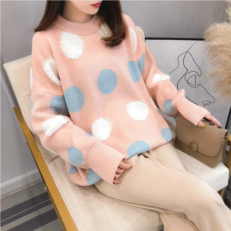 

Fashion Korean Long Sweater For Women Oversized Pullovers Lady Dot Sweater Pink Knitted Sweater Winter Clothes Streetwear Suit