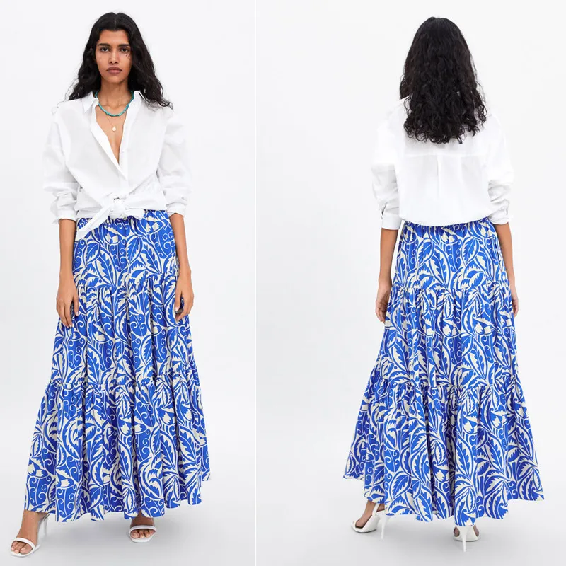 

WOMEN'S Dress 19 Spring And Summer New Style Chinese-style Blue And White Porcelain Printed Elastic High-waisted Holiday Skirt W