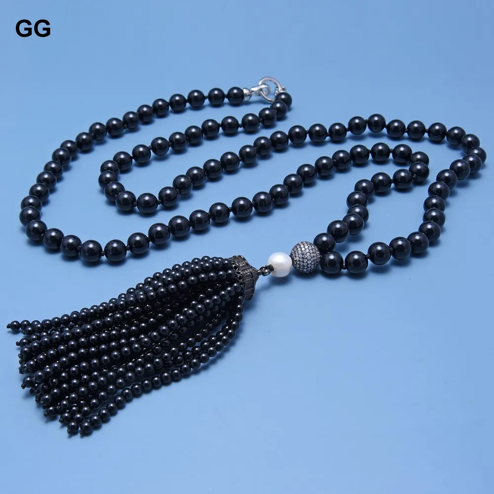 

GuaiGuai Jewelry 40'' 9-10mm Natural Black Round Pearl Necklace CZ Pave Connector Pendant Black Pearl Tassels Necklace For Women