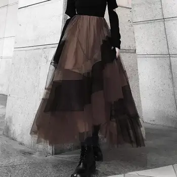 

2020 Women Spring Autumn New Style Mesh Patchwork Midi Skirt Temperament Retro High Elastic Waist Irregular Half Body Skirt