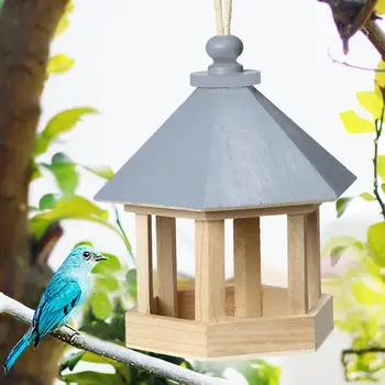 

Twinkle Star the hexagonal roof Wooden bird feeder hangs on the yard of the garden to decoration decks terraces