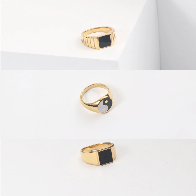 Peri'sBox Textured Circle Square Black Enamel Rings Yin and Yang Geometric Rings for Women Vintage Stainless Steel Jewelry 2020
