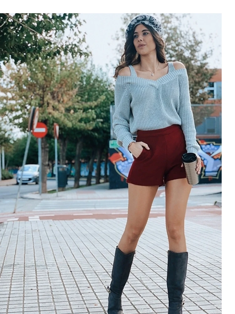 Продажа Sheinside Повседневный серый Одноцветный свитер с открытыми плечами, на бретелях, на шее, с длинным рукавом, пуловеры 2018, Осень зима, женские улич...