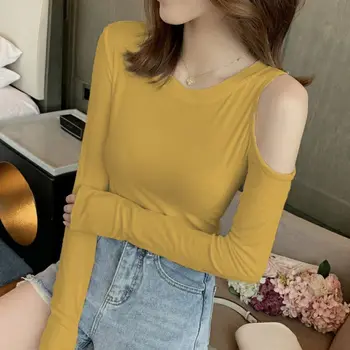 

Sexy Slim Women Sweater Round Neck Autumn Solid Color Off-shoulder Long Sleeve Casual Simple Wild Sweater 1