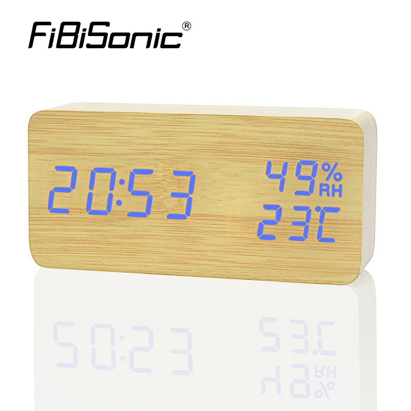 FIBISonic® Wood Electronic Desk Clock Digital LED Alarm Sounds Control