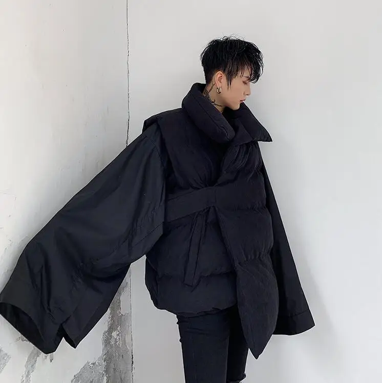 S-XL! зимнее темно-черное хип-хоп индивидуальное ассиметричное хлопковое пальто без рукавов мужской свободный ленивый хлопковый жилет