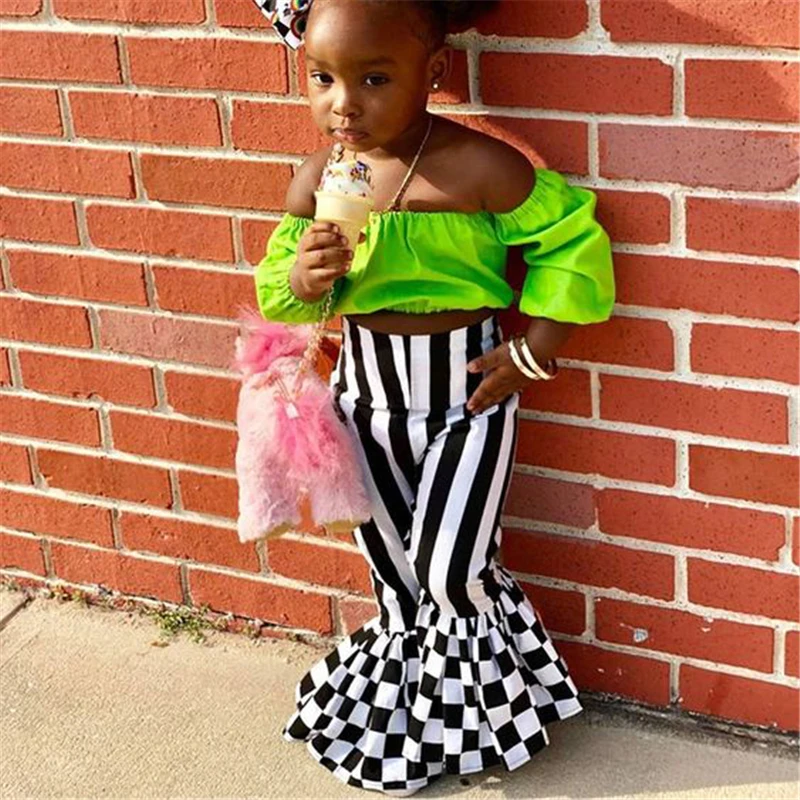 Toddler Baby Girl Clothes Off-Shoulder Green Short Sleeve Crop Top+Black and White Plaid Flare Pants 2PCS Outfit Set | Детская одежда и