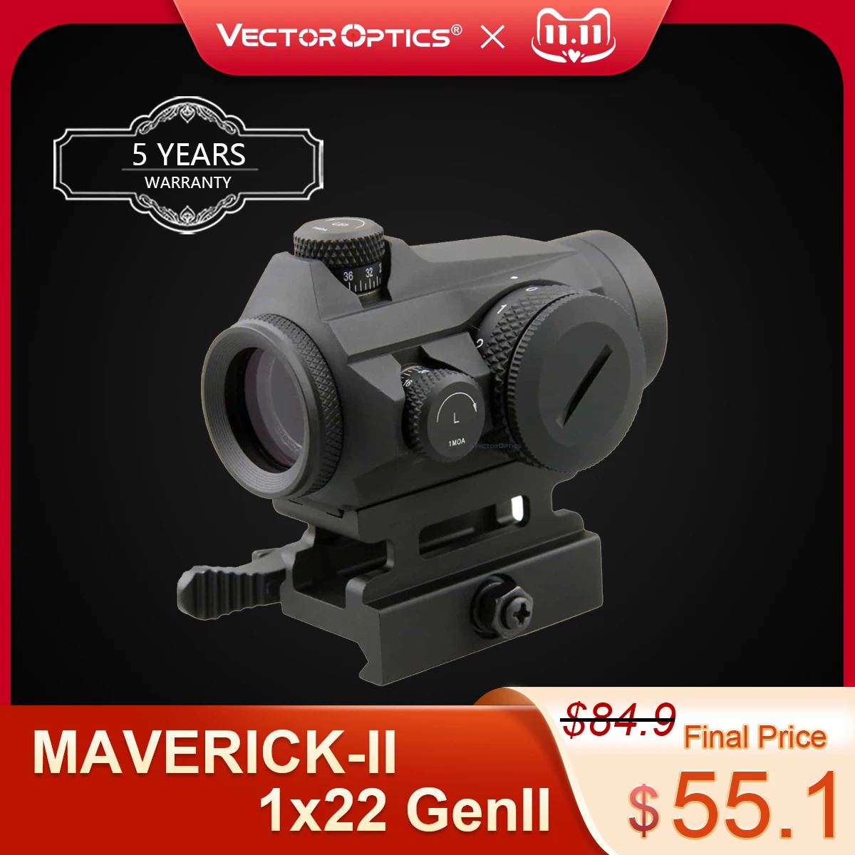 PROD 4000243816213 Vector Optics Maverick GenII 1x22 Red Dot Scope
Sight Hunting Tactical Uncapped Turret QD Mount For Real Firearms .308
Airsoft