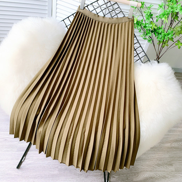 Korean Autumn Winter Velvet Midi Long Skirt Women 2021 New Fashion Elastic High Waist Pleated Skirts Jupe Longue Femme